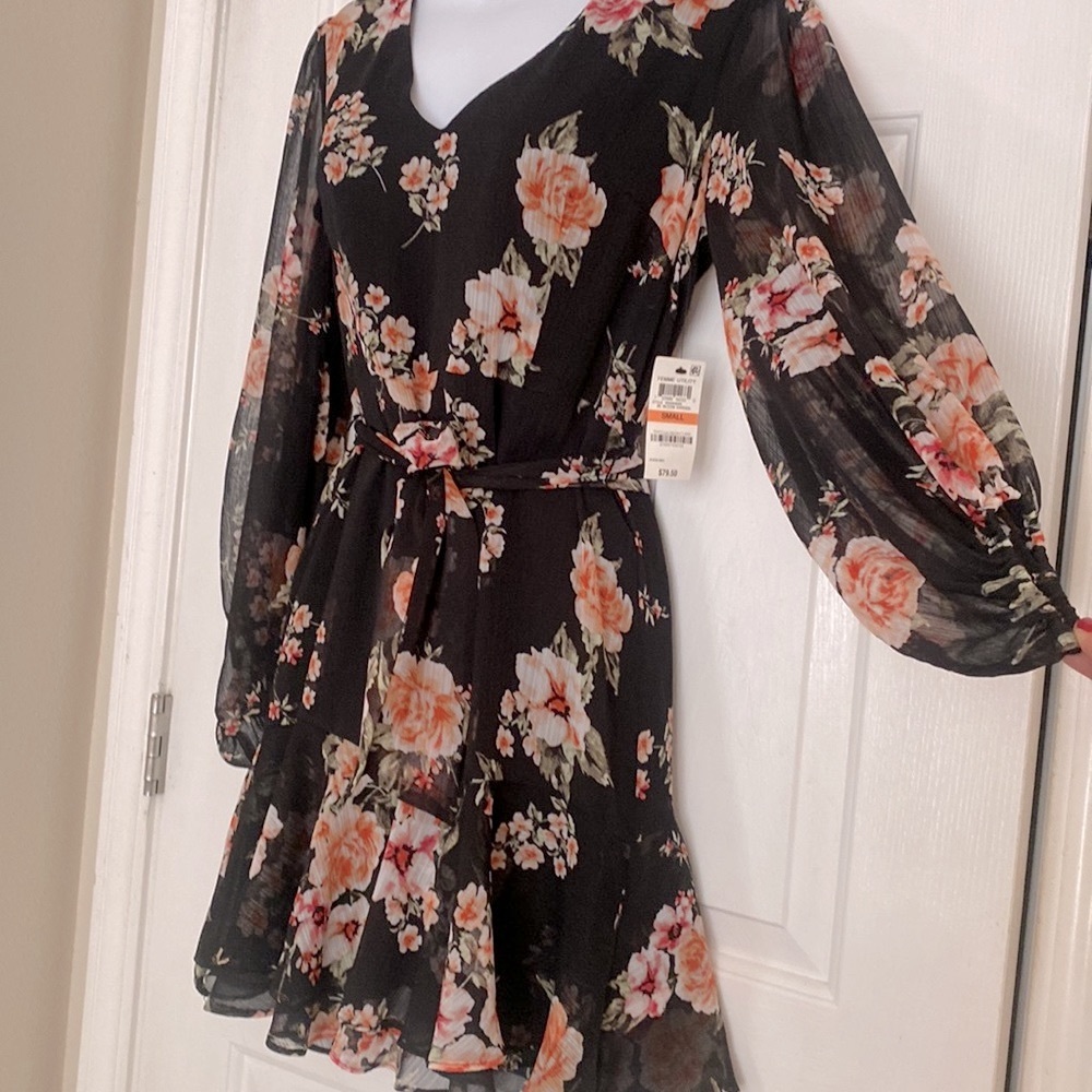 Midi Dress. Black Floral Pattern. Long Sleeve.